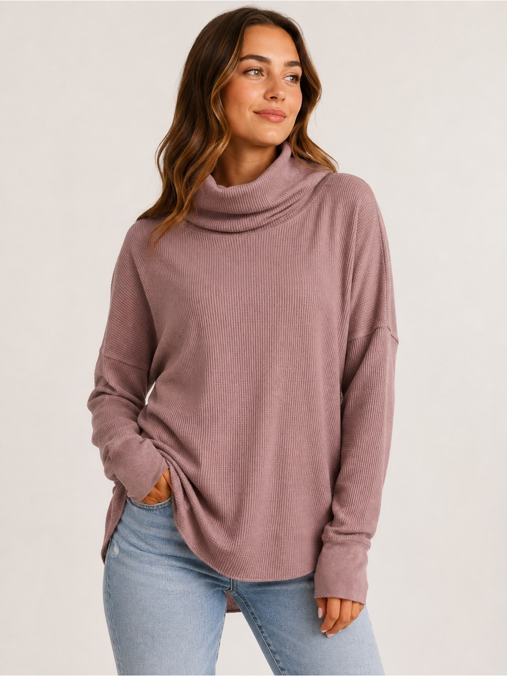 Aritzia Mauve Cowl-Neck Waffle